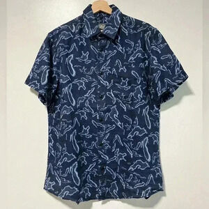 Roots Canada Blue Linen Button-Up Shirt - Men’s Medium, Abstract Print